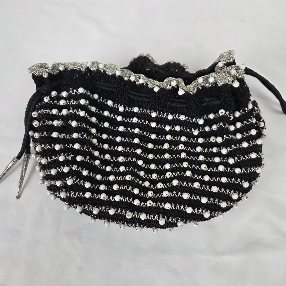 Vintage Drawstring Bag Mad Men 1950s Evening Purse Black Tie White Beaded Silver